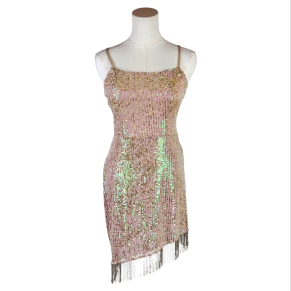 Speechless Nude Sequin Fringe Mini Party Cocktail Bodycon Dress Medium - Picture 1 of 16